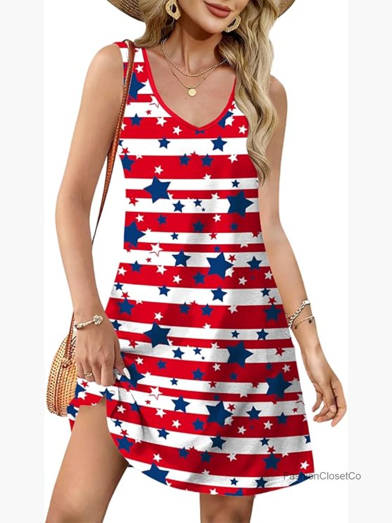 American Flag Star Striped Splicing Loose V Neck Tank Sundress